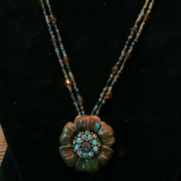 Vintage Sunflower w/ ab & citrine crystals w/ seed bead necklace - Picture 1 of 9